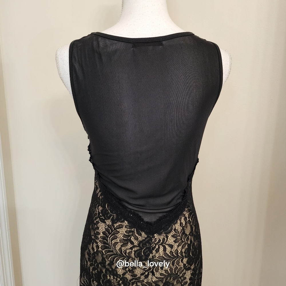 Formal Elegant Black Cream Lace Backless Sheer Back Dress - Picture 12 of 12